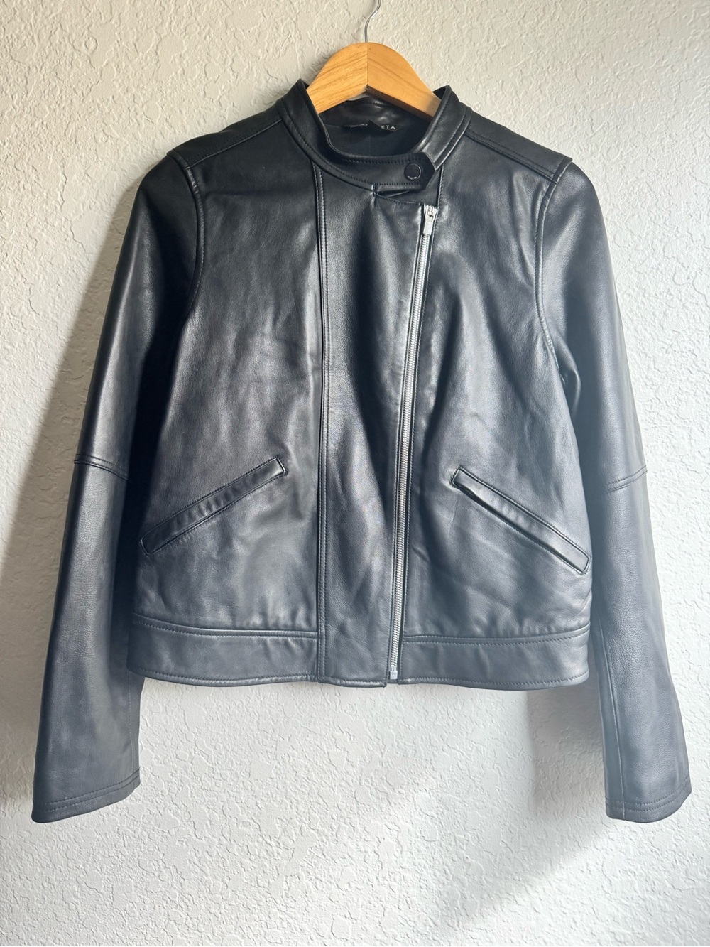 Athleta Minimalist Black Leather Moto Jacket Asymmetric Zip - Women's Size M
